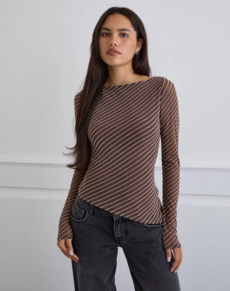 Lakya Long Sleeve Top in Diagonal Stripe Flocked Brown and Cream (Top à manches longues en rayures diagonales floquées marron et crème)