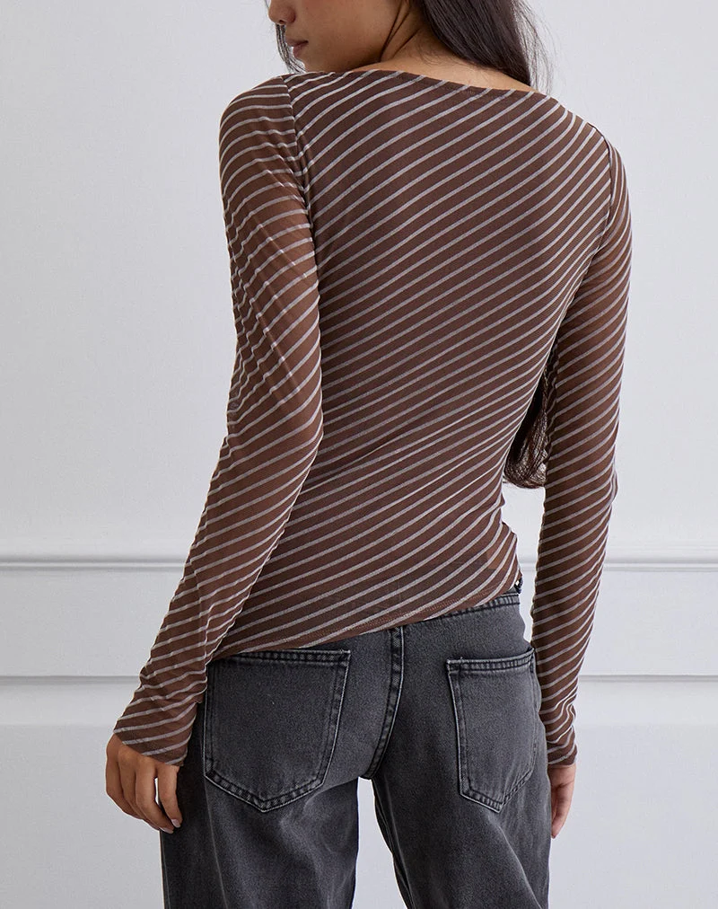 Lakya Long Sleeve Top in Diagonal Stripe Flocked Brown and Cream (Top à manches longues en rayures diagonales floquées marron et crème)