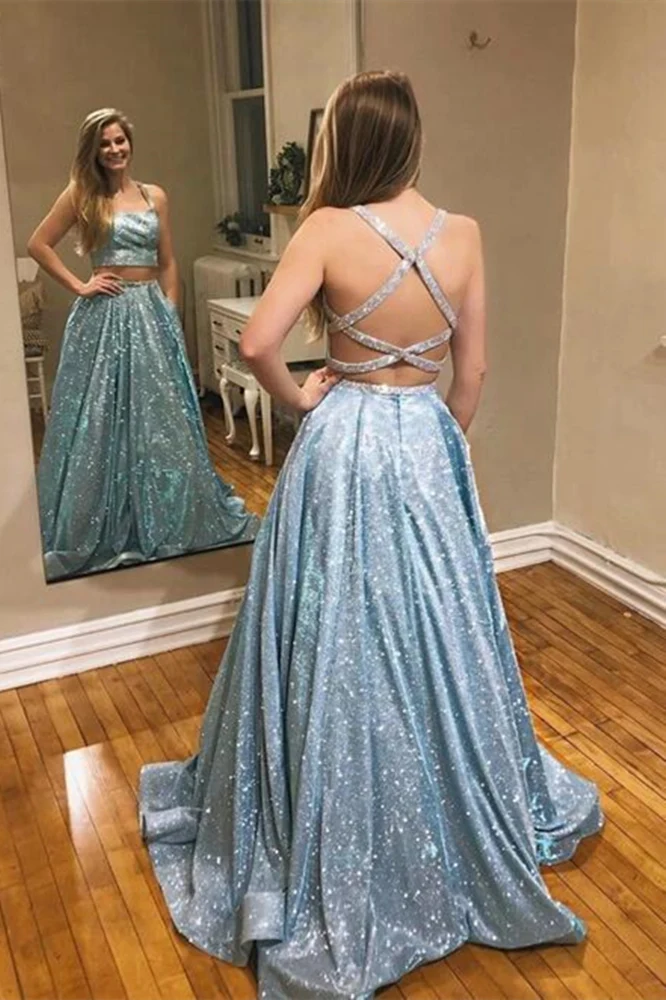 Robe de bal longue à paillettes bleu poussiéreux/lavande avec dos croisé