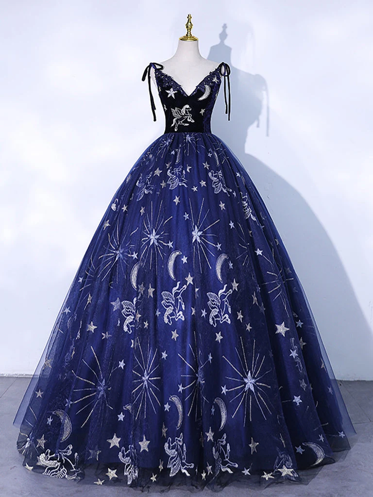 Robe de bal bleu marine à col en V, robe de soirée formelle