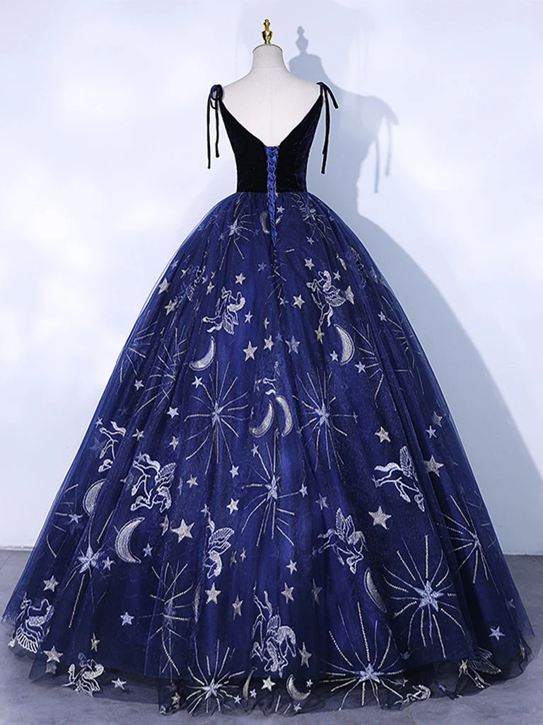 Robe de bal bleu marine à col en V, robe de soirée formelle