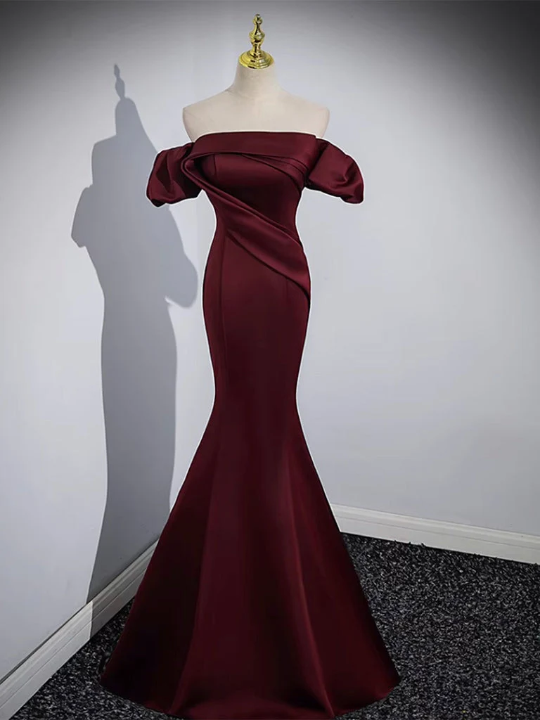 Robe de bal sirène bordeaux en satin à épaules dénudées, robe formelle