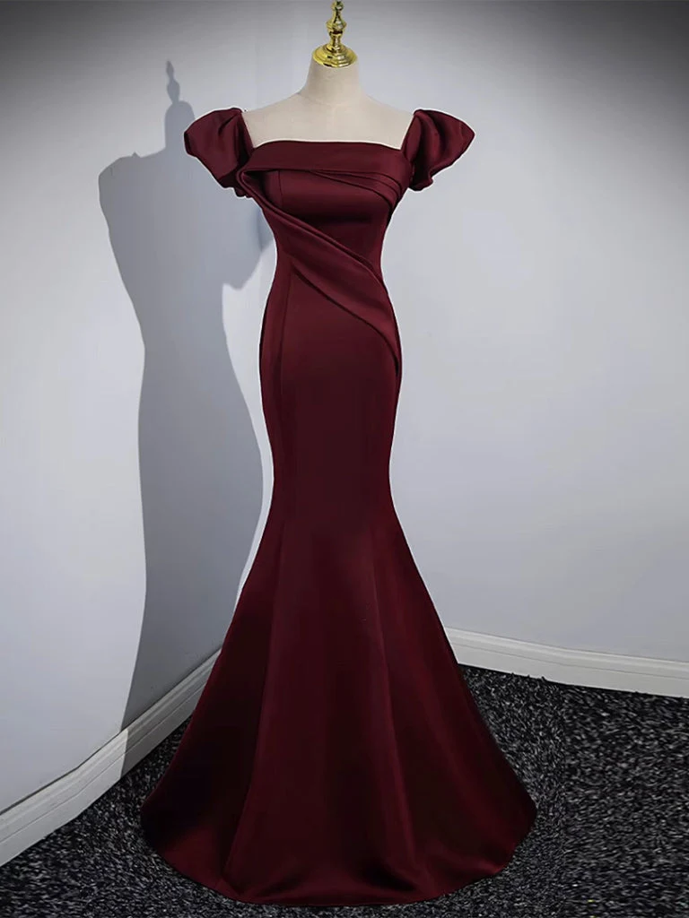 Robe de bal sirène bordeaux en satin à épaules dénudées, robe formelle