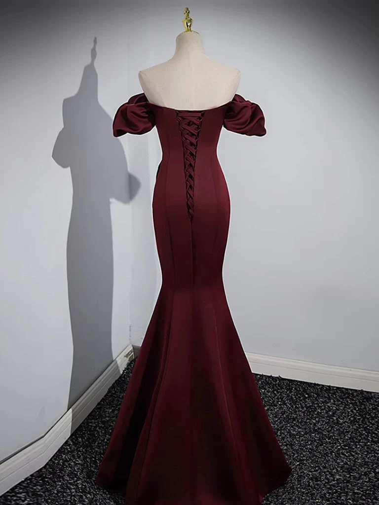 Robe de bal sirène bordeaux en satin à épaules dénudées, robe formelle