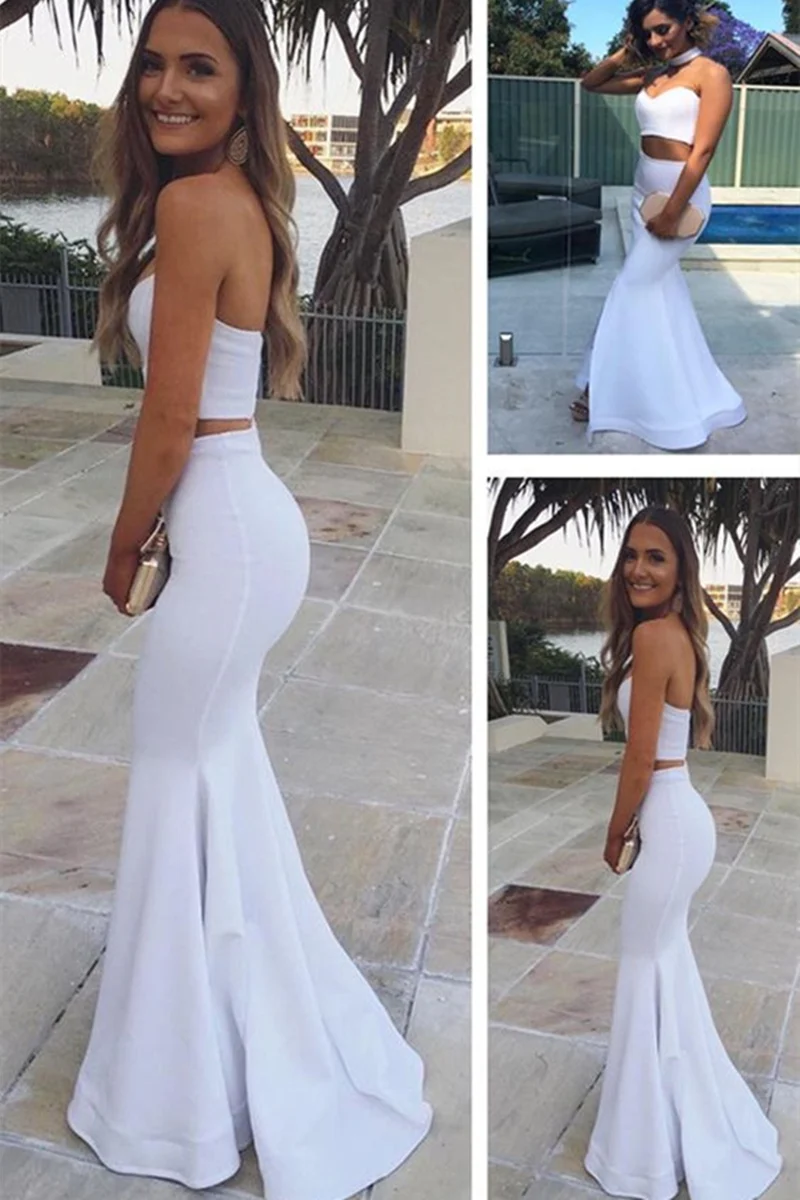 Robe de bal longue sirène blanche sans bretelles en deux pièces