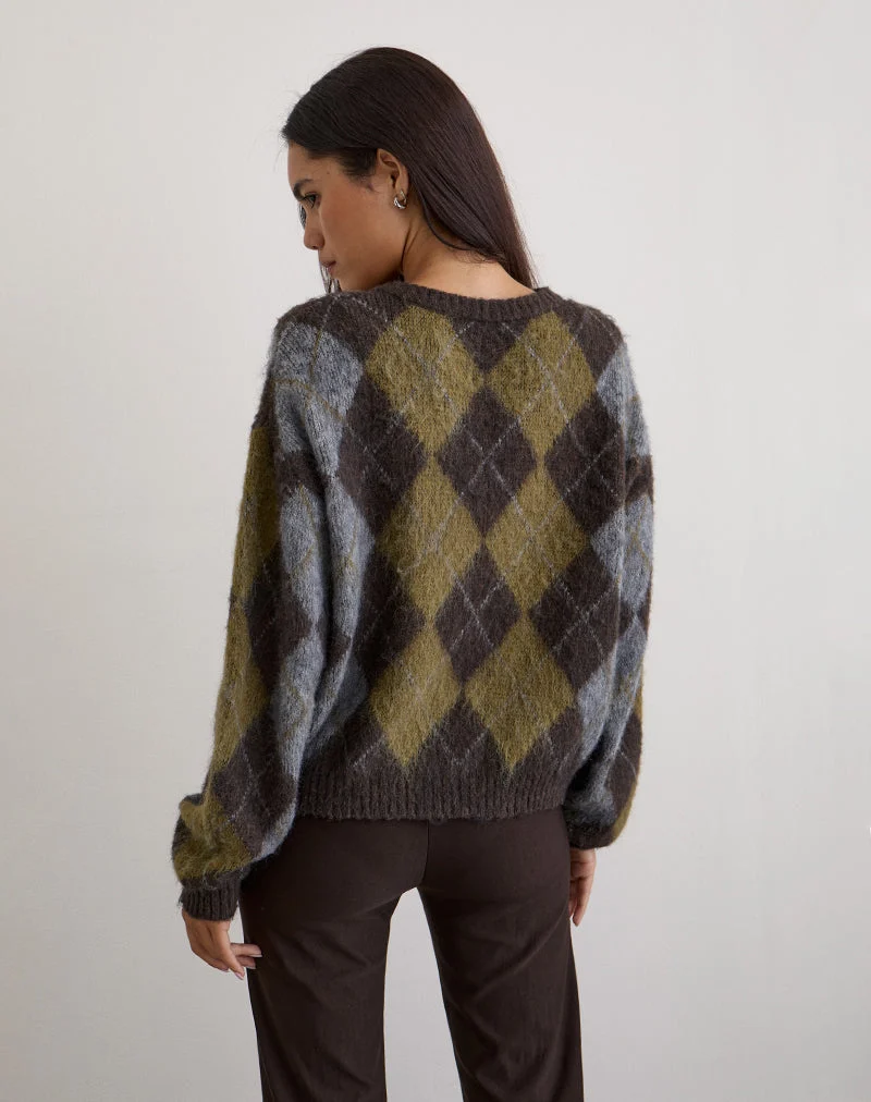 Cardigan Eliana en tricot Argyle brun