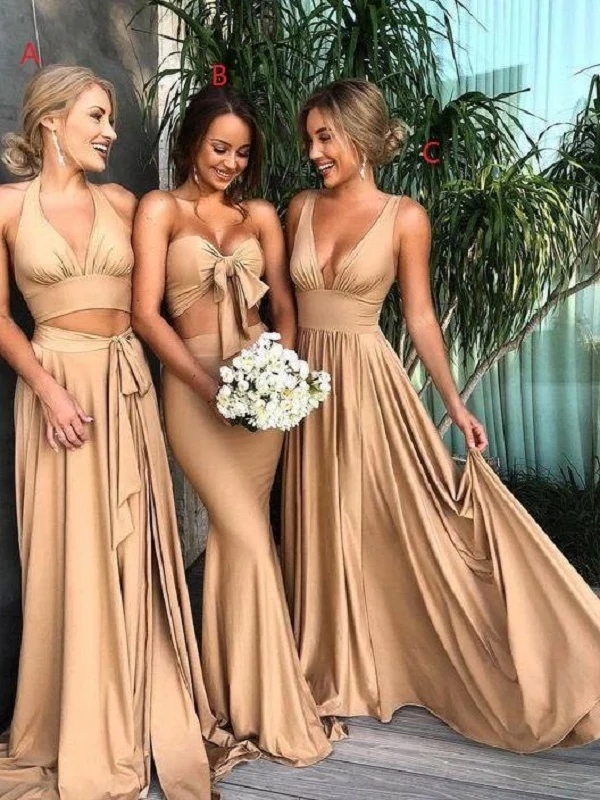 Robes de demoiselle d'honneur d'automne longues dépareillées dorées