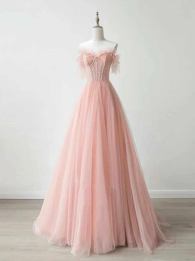 Robe de bal transparente en tulle sans bretelles rose pêche