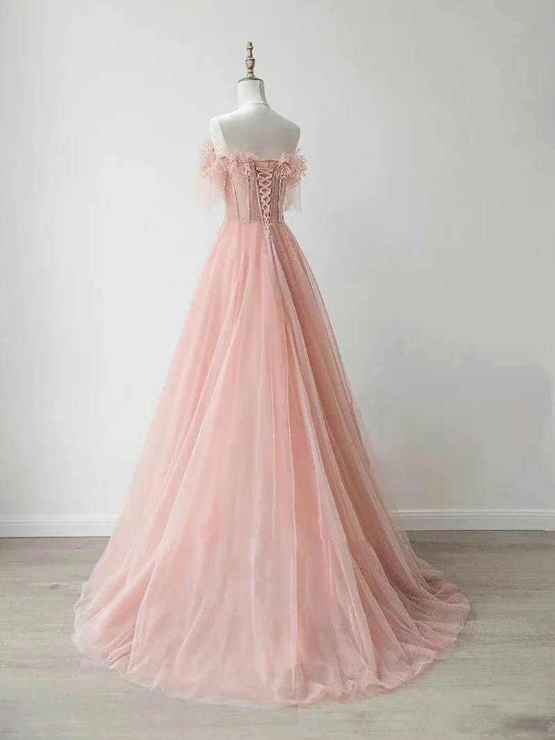 Robe de bal transparente en tulle sans bretelles rose pêche