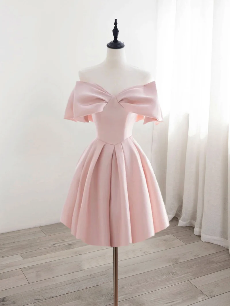 Adorable robe de soirée courte en satin rose, robe de remise de diplôme avec gros nœud sur le devant
