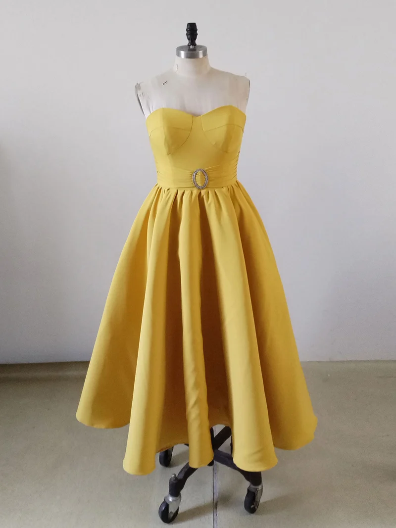 Robe de bal jaune sans bretelles, longueur mollet, robes de demoiselle d'honneur