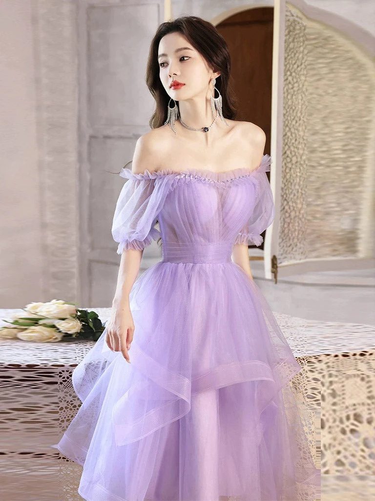 Robe de soirée transparente lavande à volants et épaules dénudées