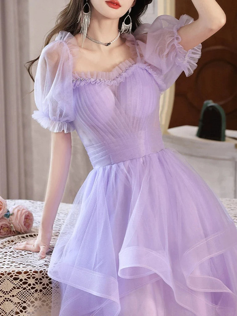 Robe de soirée transparente lavande à volants et épaules dénudées
