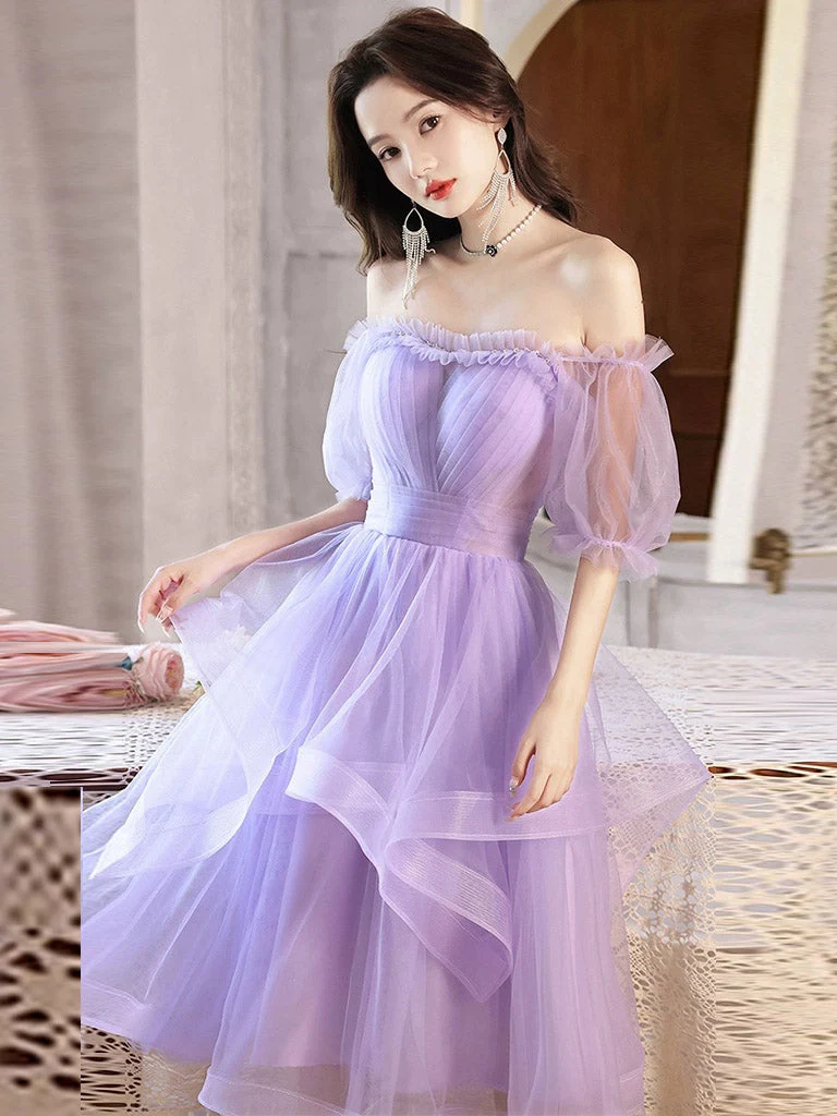 Robe de soirée transparente lavande à volants et épaules dénudées