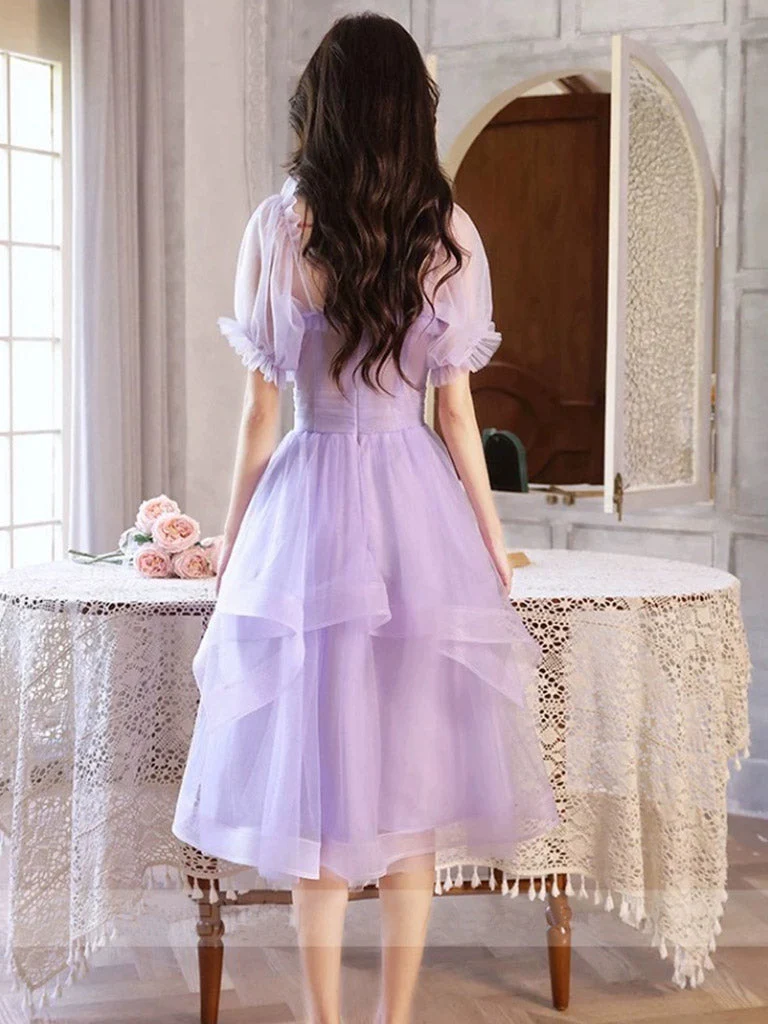 Robe de soirée transparente lavande à volants et épaules dénudées