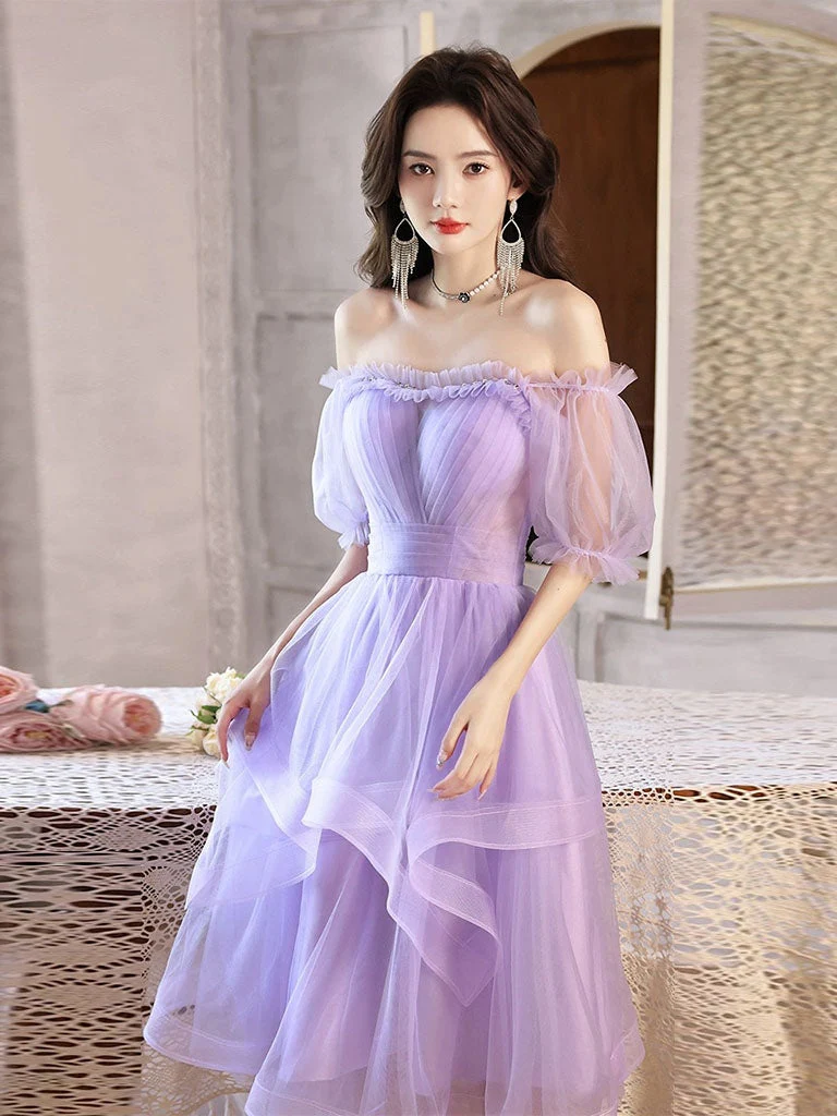 Robe de soirée transparente lavande à volants et épaules dénudées