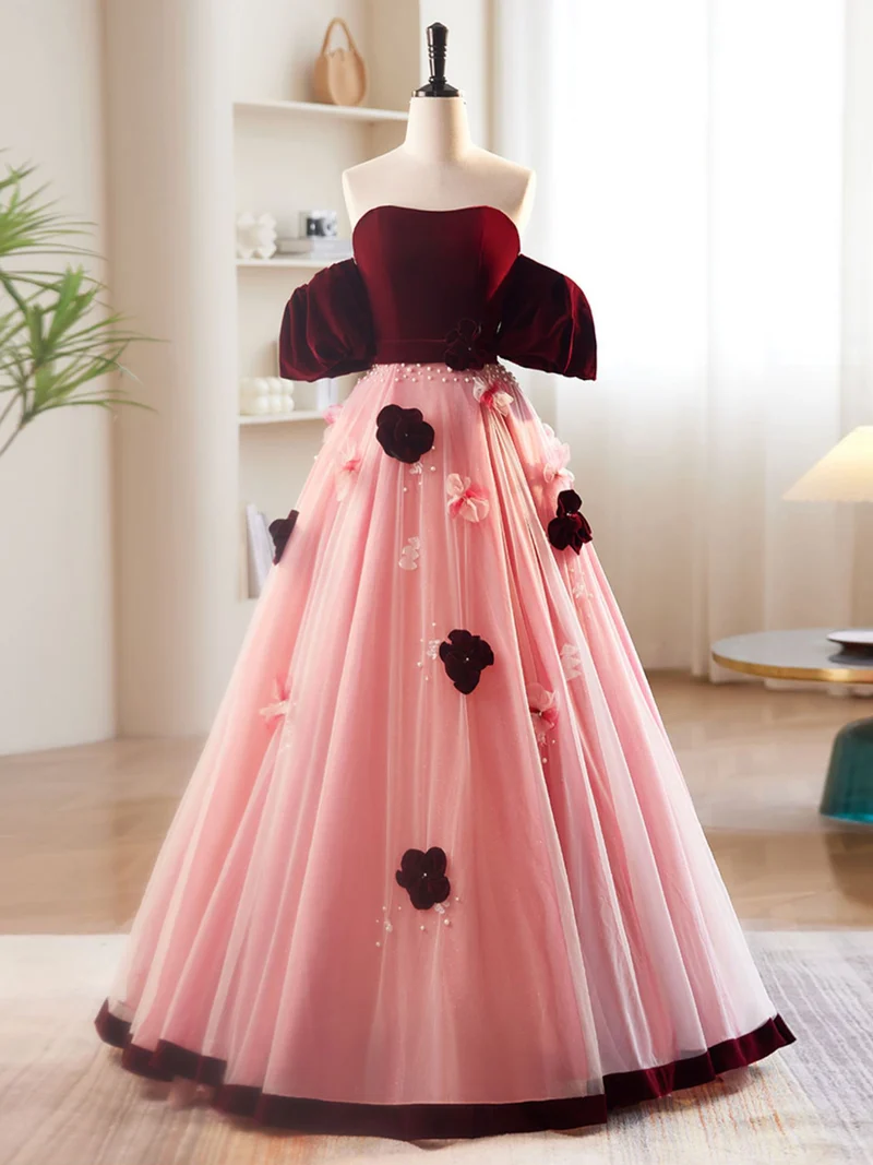 Sweet Occasion - Robe de bal trapèze rose pêche à épaules dénudées