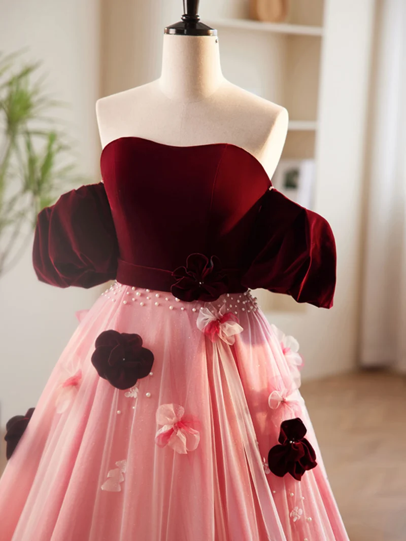 Sweet Occasion - Robe de bal trapèze rose pêche à épaules dénudées