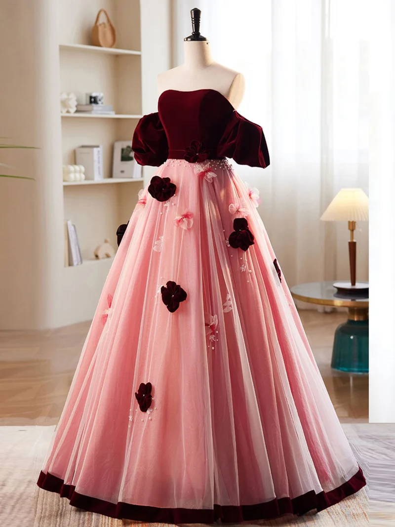 Sweet Occasion - Robe de bal trapèze rose pêche à épaules dénudées