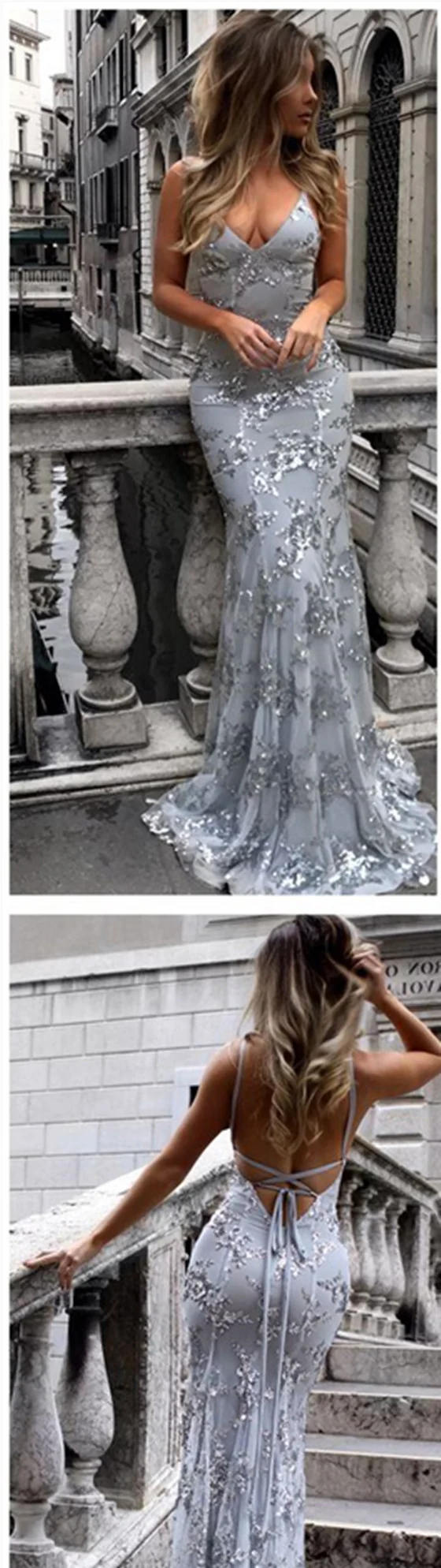 Robe de soirée dos nu en dentelle sexy, ajustée et évasée, gris argenté, robe de bal