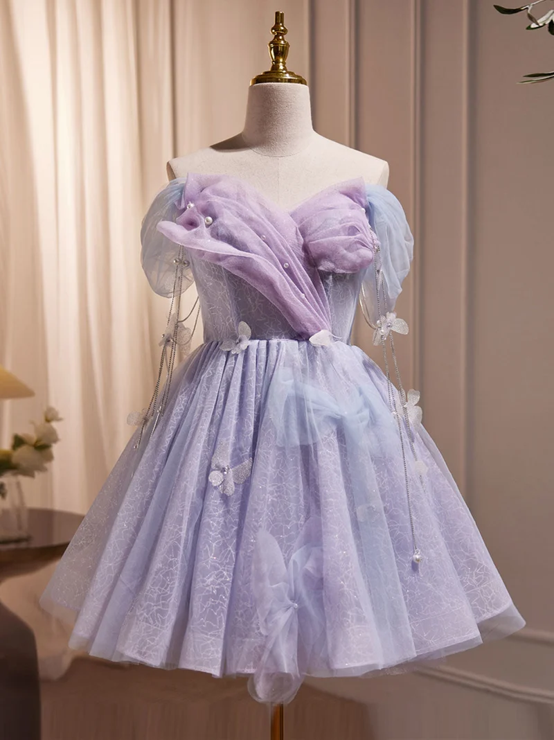 Adorable robe de soirée courte en cœur lavande, robe de danse de 8e année