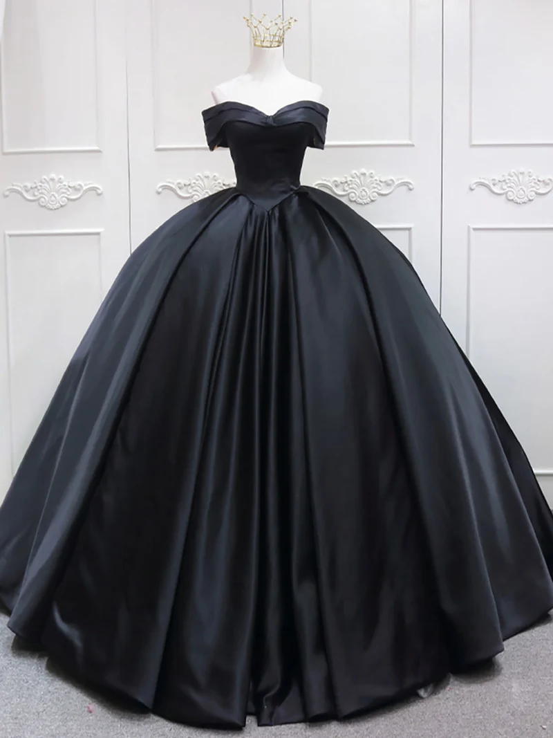Robe de bal de mascarade noire, épaules dénudées, robe de Quinceanera en Satin, robe douce 16 ans