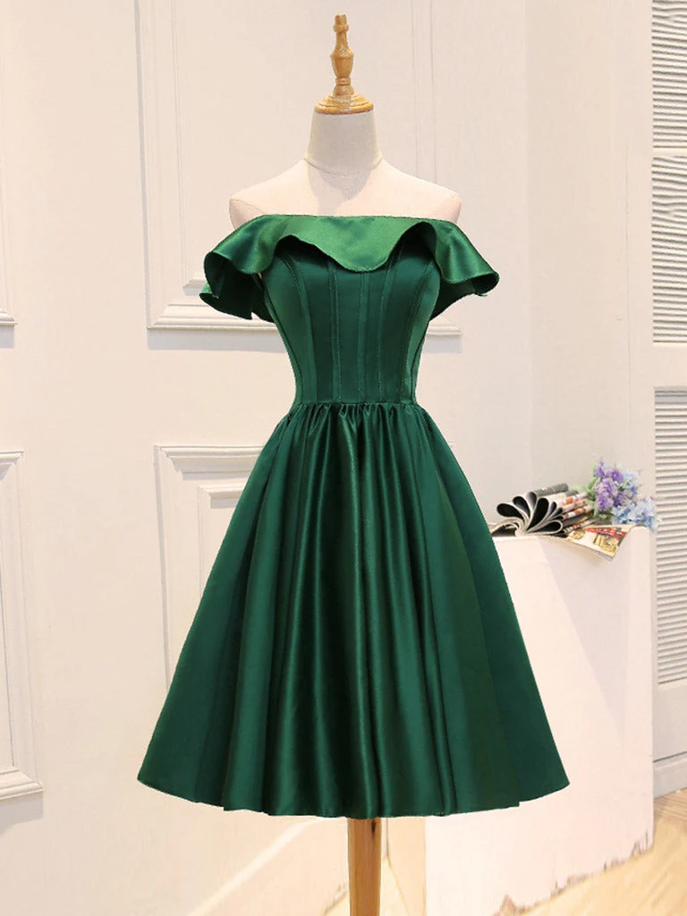 Robes de demoiselle d'honneur courtes désossées en satin vert émeraude | Robe de bal