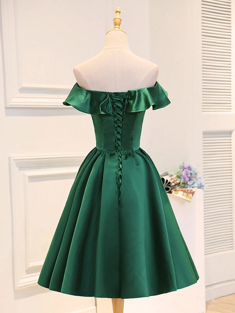 Robes de demoiselle d'honneur courtes désossées en satin vert émeraude | Robe de bal
