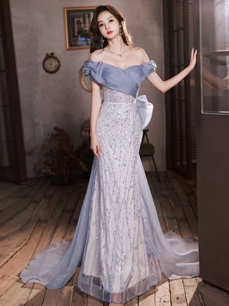 Robe de soirée ajustée en queue de poisson bleu poussiéreux, à épaules dénudées, robe de bal