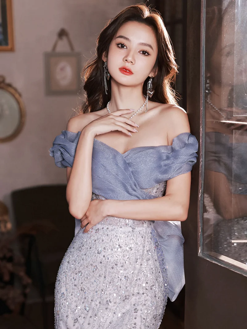 Robe de soirée ajustée en queue de poisson bleu poussiéreux, à épaules dénudées, robe de bal