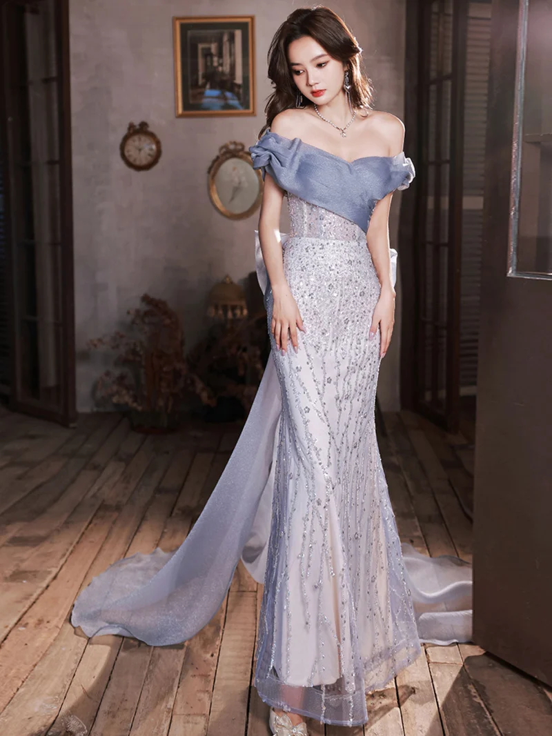 Robe de soirée ajustée en queue de poisson bleu poussiéreux, à épaules dénudées, robe de bal