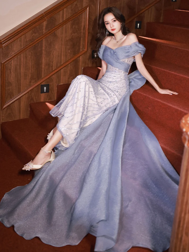 Robe de soirée ajustée en queue de poisson bleu poussiéreux, à épaules dénudées, robe de bal