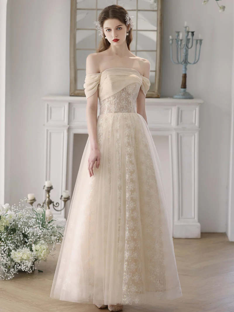 Robe de bal transparente en dentelle, épaules dénudées, couleur champagne, robe de soirée