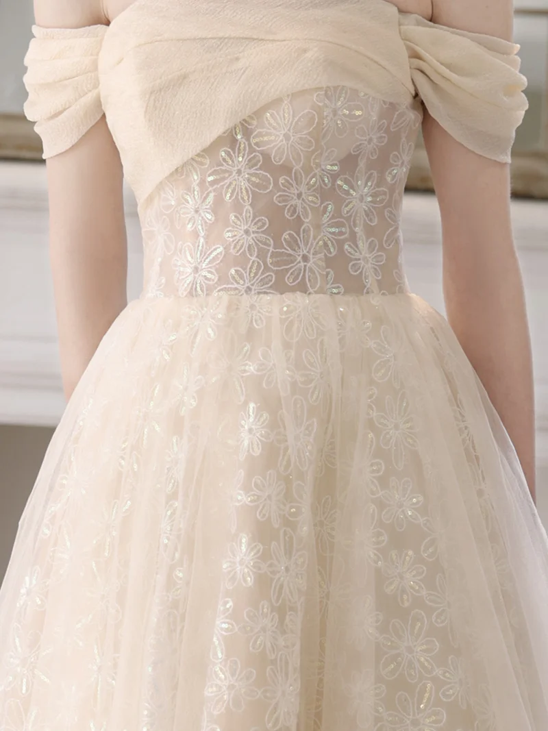 Robe de bal transparente en dentelle, épaules dénudées, couleur champagne, robe de soirée