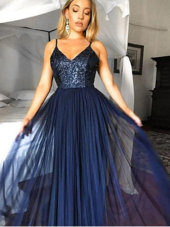 Robe de bal Simple en Tulle bleu marine, bretelles Spaghetti, robe de soirée formelle
