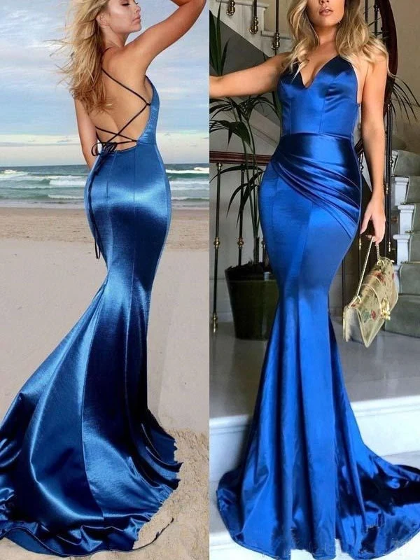 Robe de soirée dos nu en Satin élastique bleu Royal, ajustée et évasée, robe de bal sirène