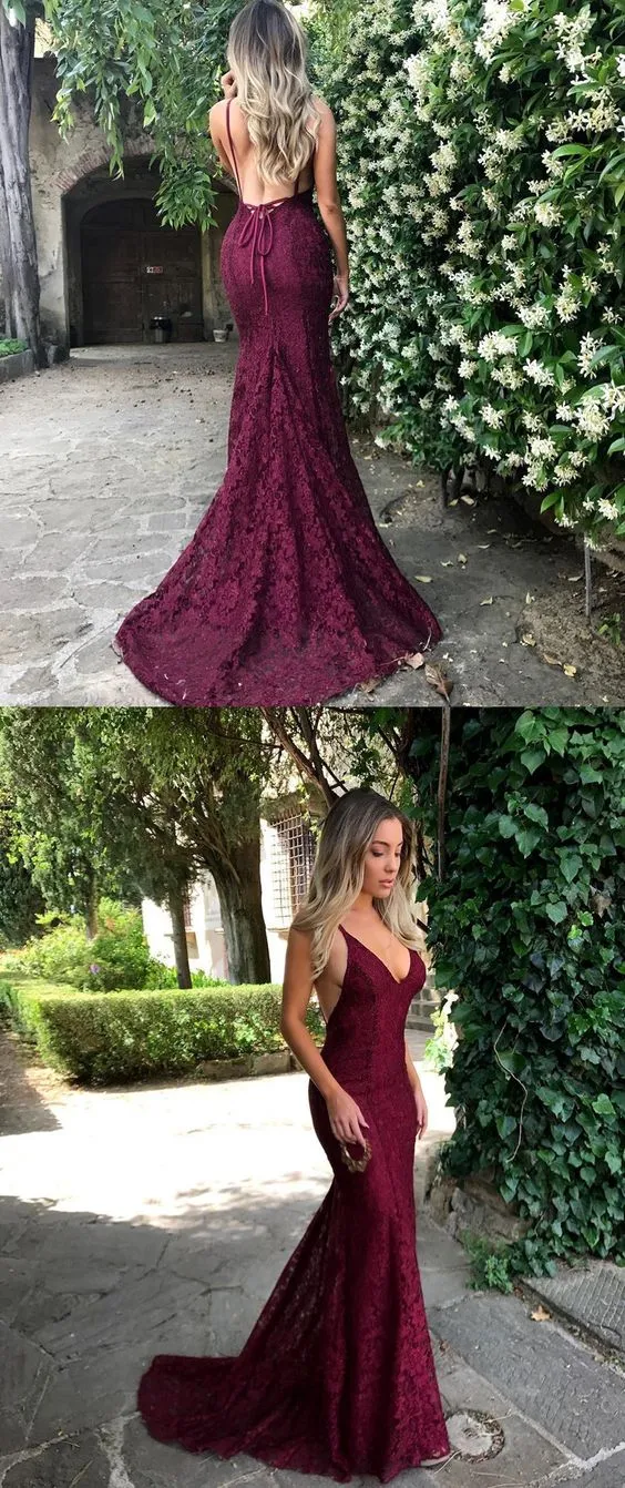 Date Dos Nu Sexy Dentelle Bourgogne Sirène Robe De Bal | Robe longue formelle