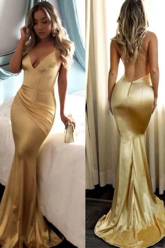 Robe de bal moulante moulante dos nu doré | Robe formelle dorée pour occasions
