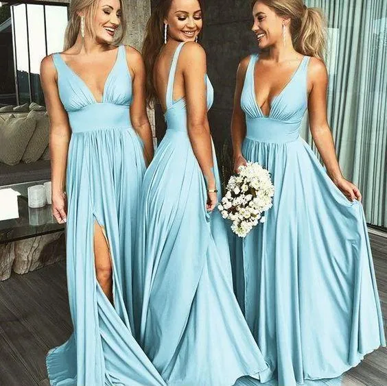 Robes de demoiselle d'honneur d'automne sexy bleues longues à col en V profond avec fente
