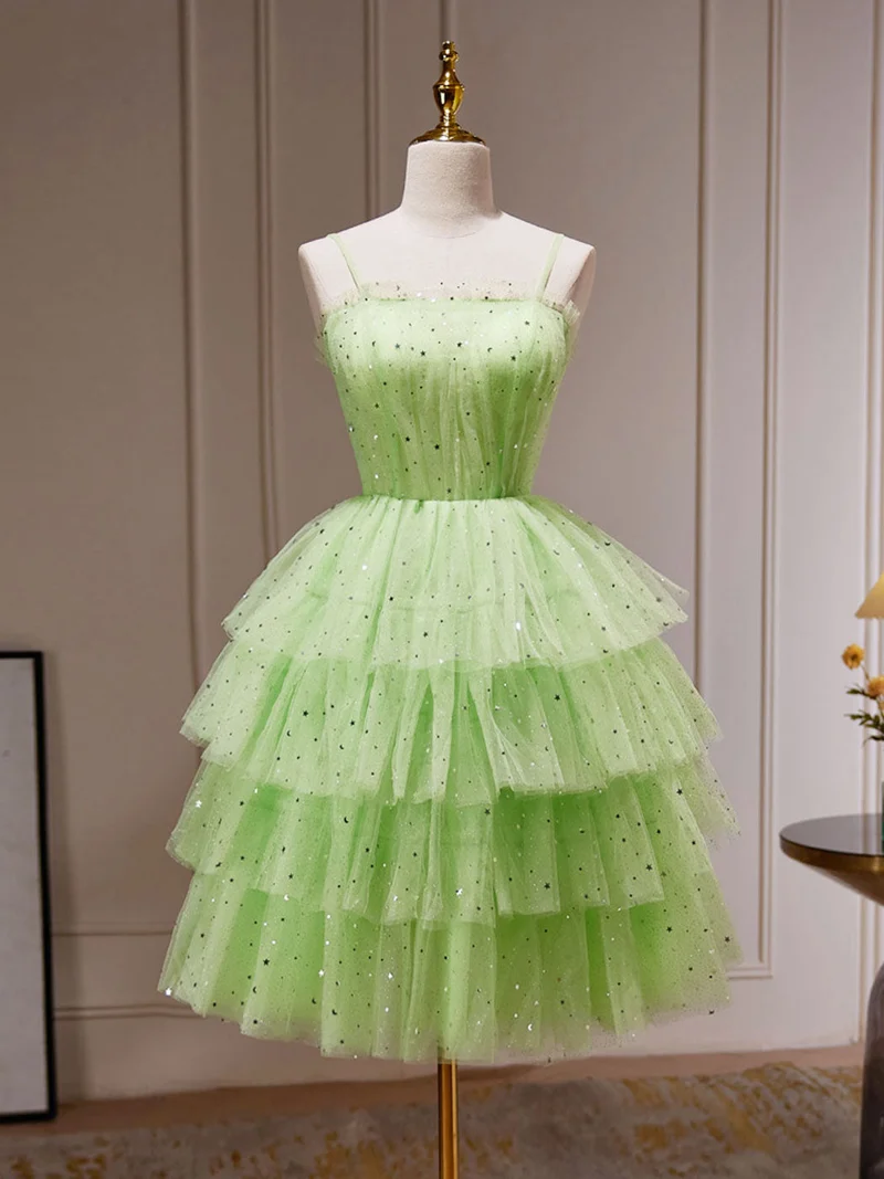Robe de soirée pour juniors à plusieurs niveaux avec bretelles spaghetti vertes, robe de danse de 8e année