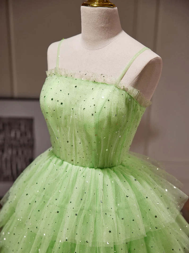 Robe de soirée pour juniors à plusieurs niveaux avec bretelles spaghetti vertes, robe de danse de 8e année