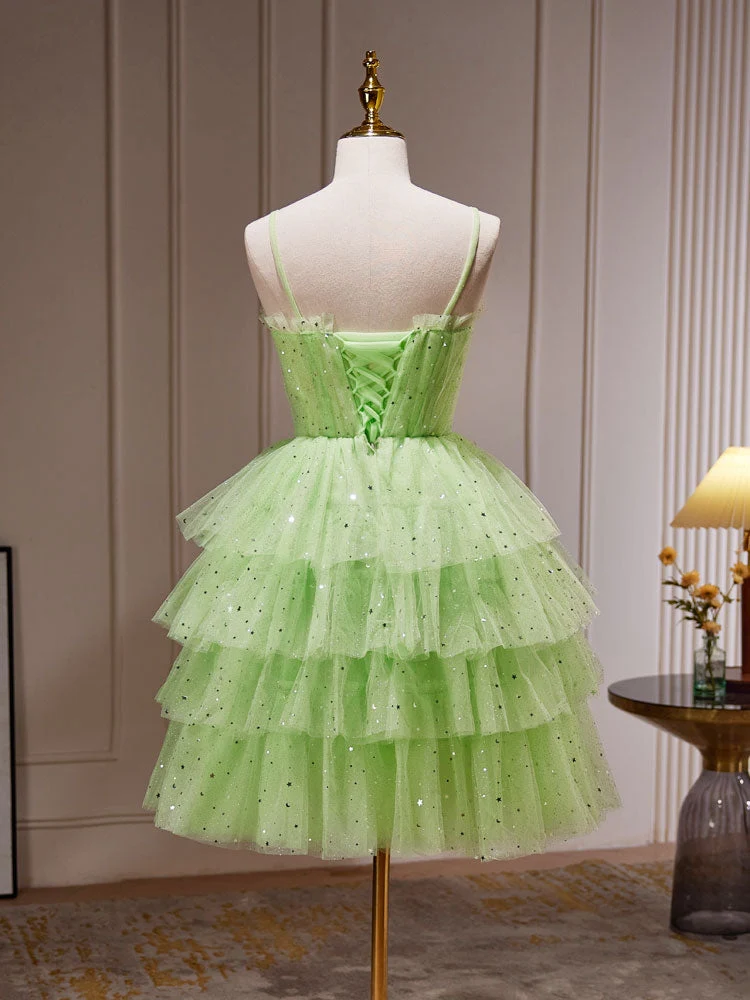 Robe de soirée pour juniors à plusieurs niveaux avec bretelles spaghetti vertes, robe de danse de 8e année