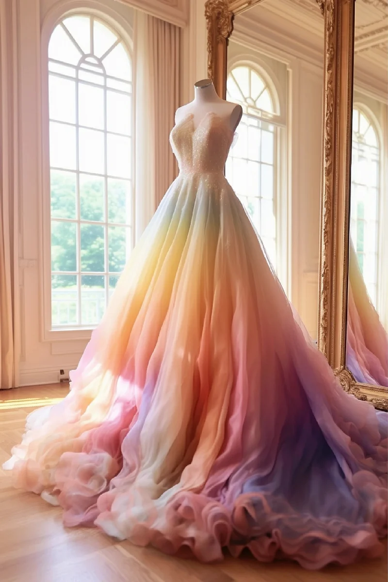 Robe de mariée romantique de couleur arc-en-ciel Dip Dye