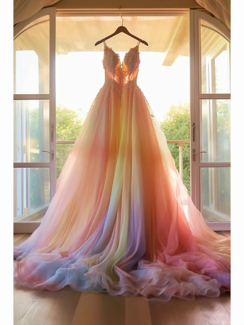 Robe de mariée romantique de couleur arc-en-ciel Dip Dye