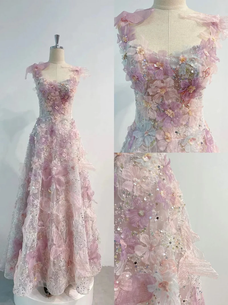 Robe de bal romantique rose à fleurs 3D, robe formelle