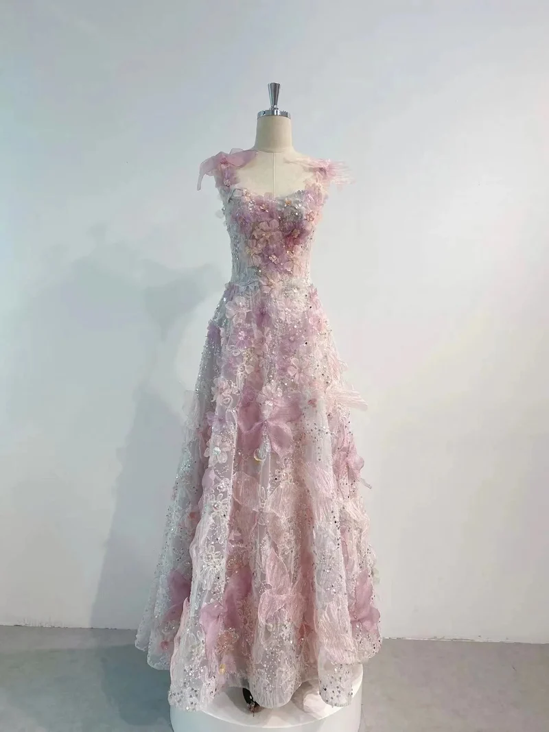 Robe de bal romantique rose à fleurs 3D, robe formelle
