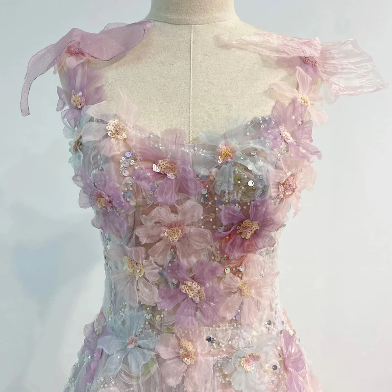 Robe de bal romantique rose à fleurs 3D, robe formelle