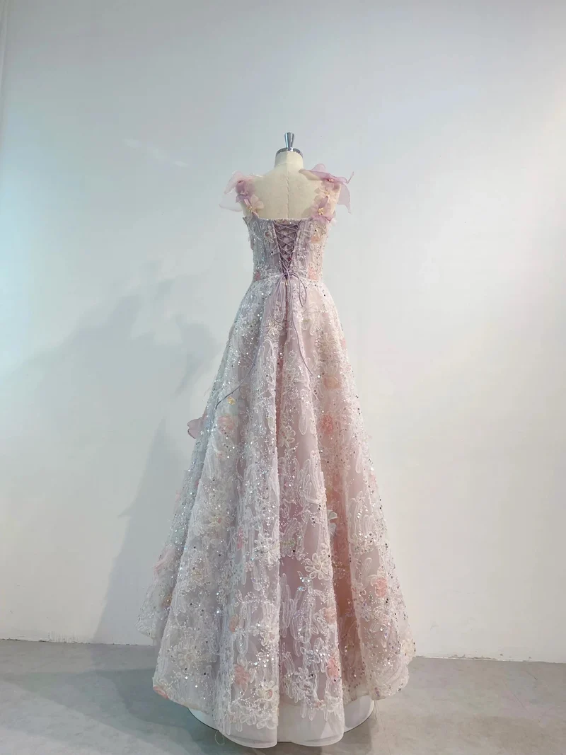 Robe de bal romantique rose à fleurs 3D, robe formelle