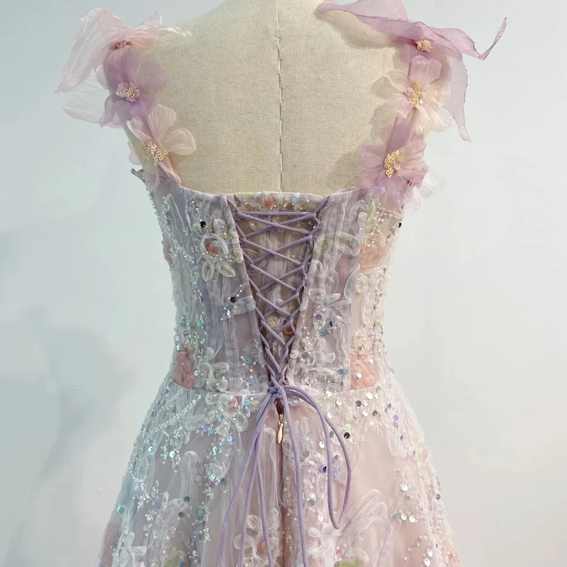 Robe de bal romantique rose à fleurs 3D, robe formelle