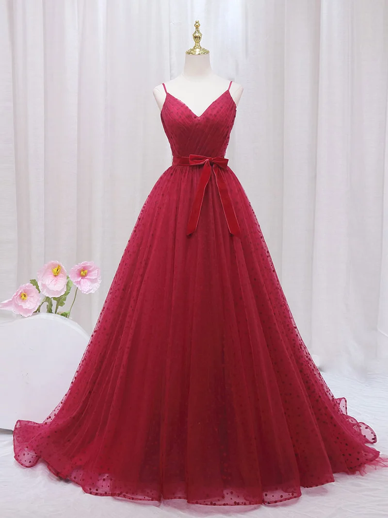 Robe de bal rouge à bretelles spaghetti, robe de bal en tulle à pois, robe formelle